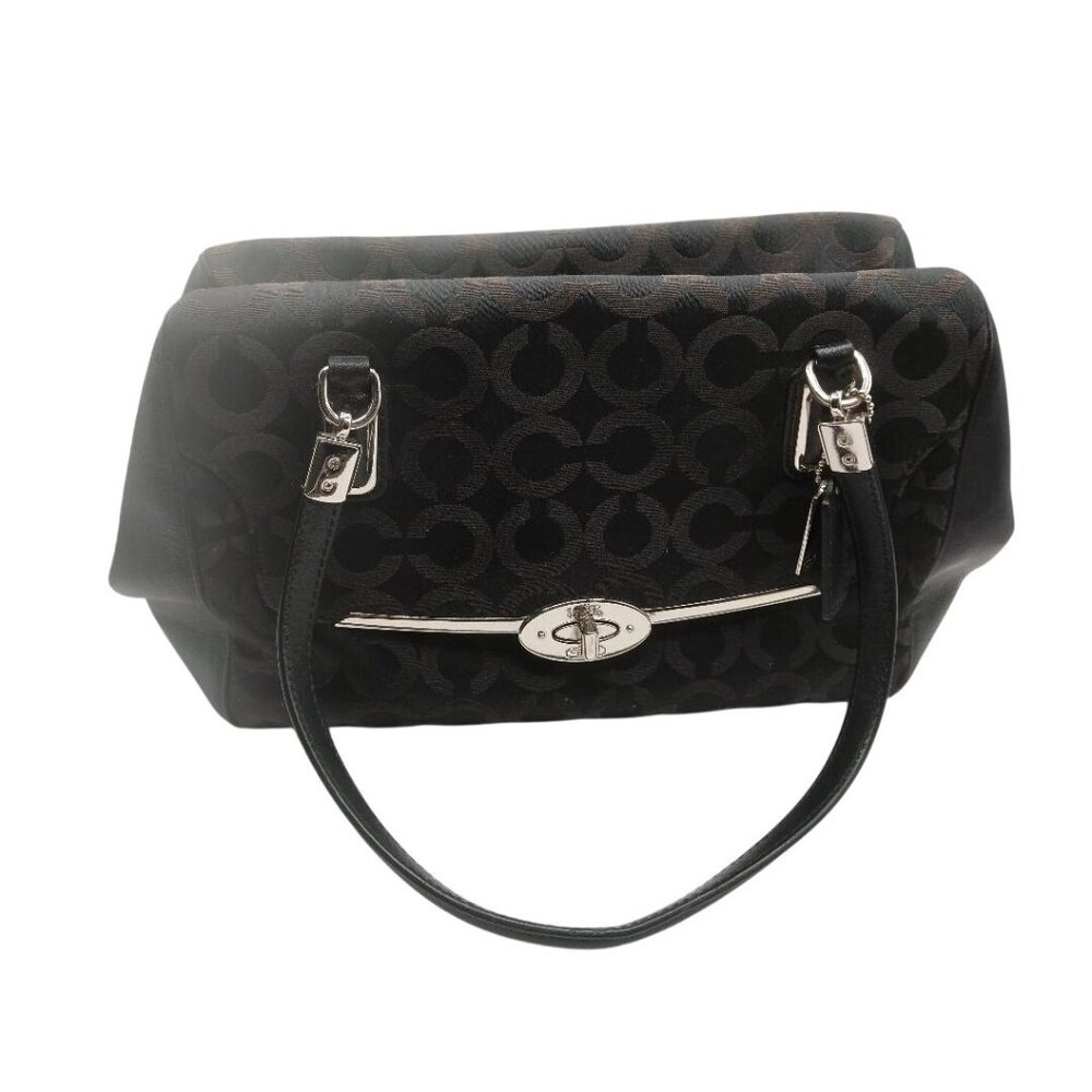 Coach Black Signature Jacquard & Leather Handbag With Silver-Tone Hardware & Tur